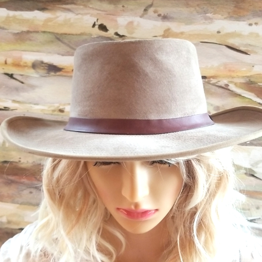 70's UNION Beige Tan SUEDE Boater Country RANCHER Cowgirl Hat EUVC OS